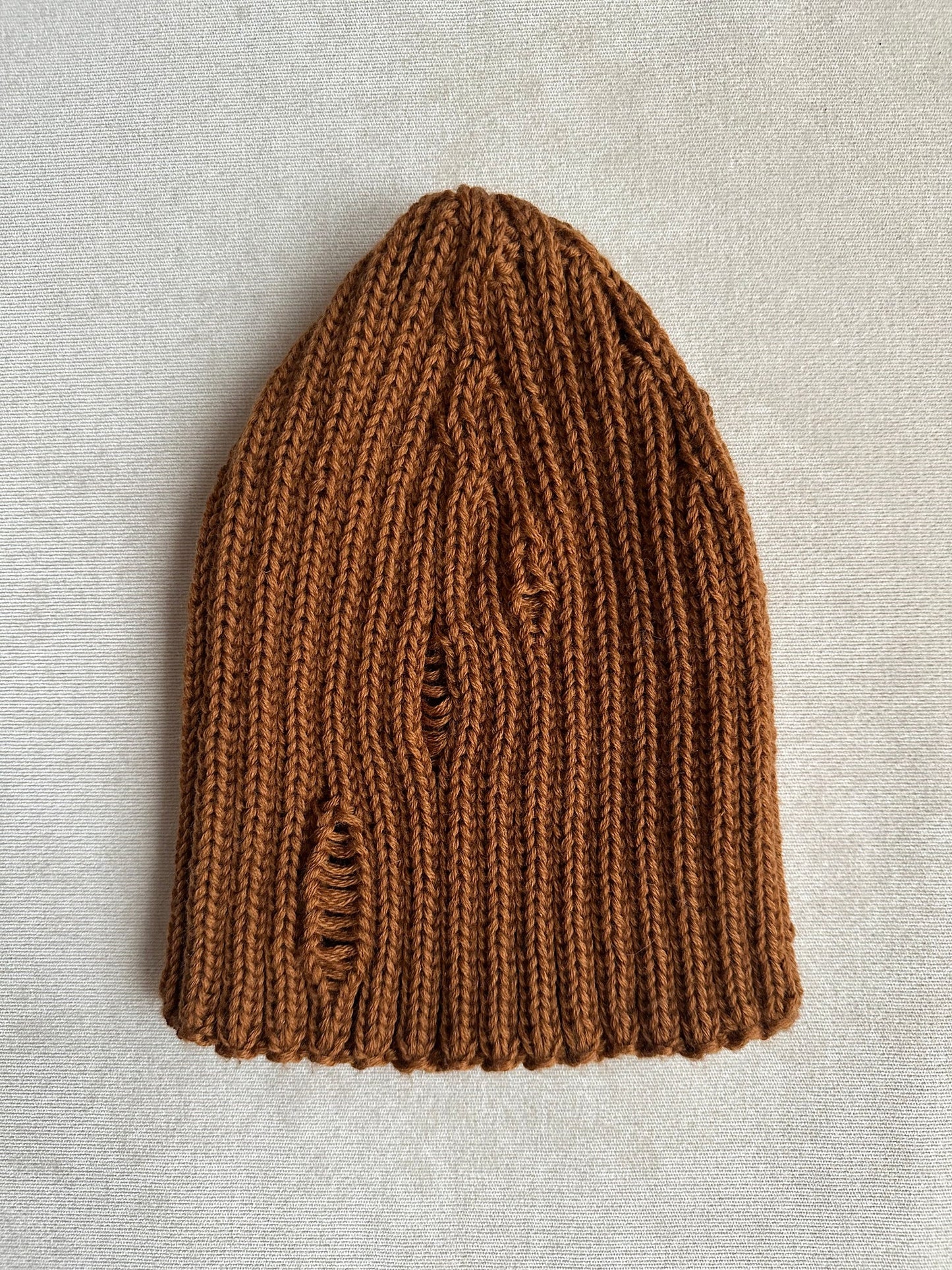 Hip Hop Style Knitted Winter Hat with Distressed Holes, Brown Melon-Shaped Beanie