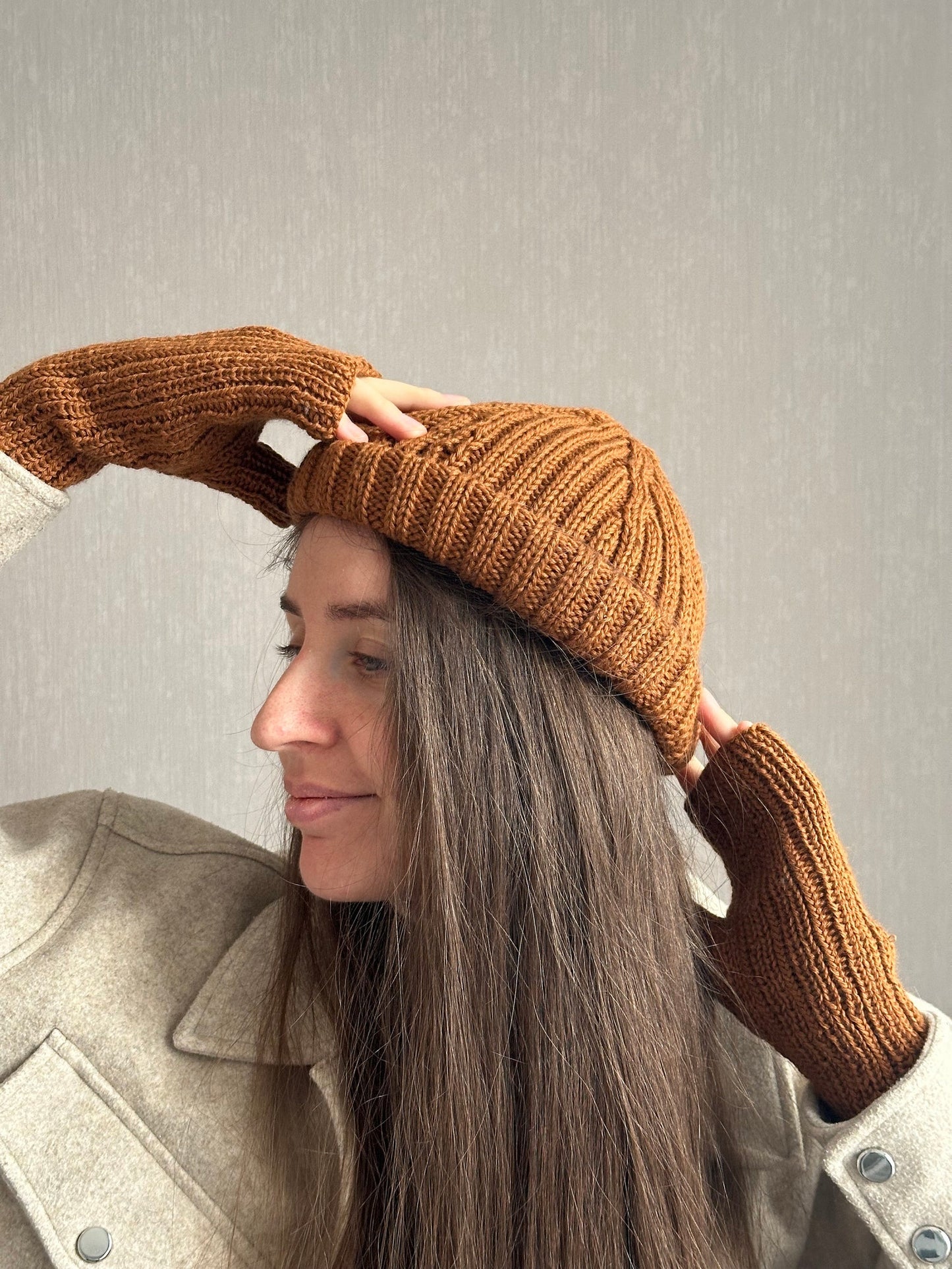 Unisex Brown Knitted Hat, 100% Merino Wool Hat