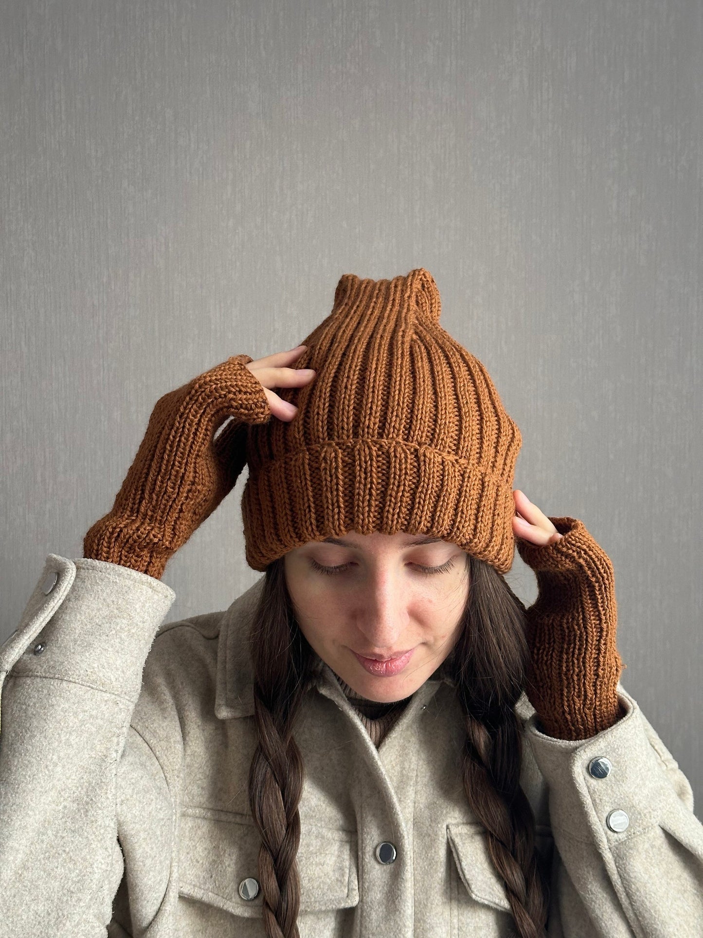 Unisex Brown Knitted Hat, 100% Merino Wool Hat