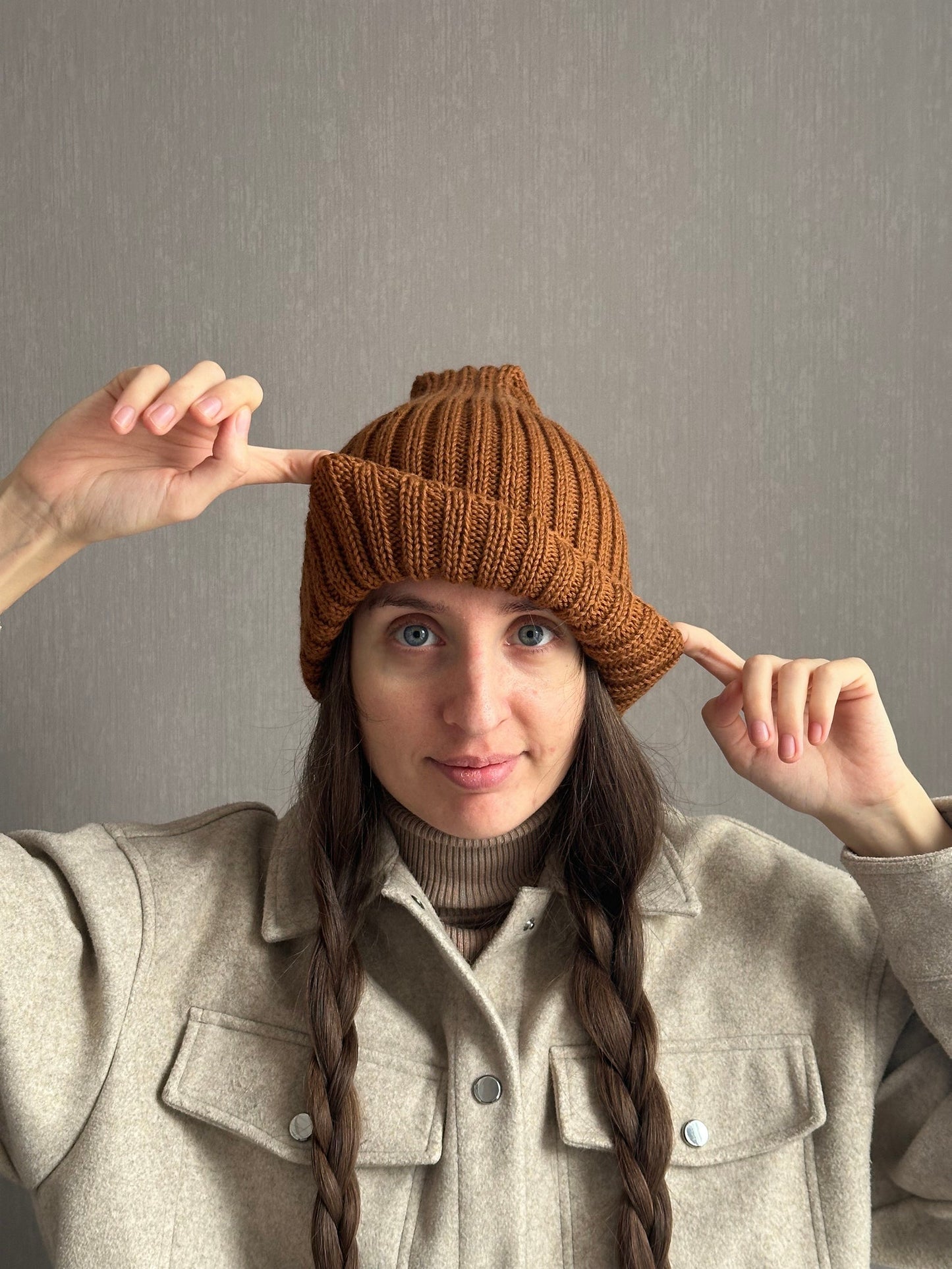 Unisex Brown Knitted Hat, 100% Merino Wool Hat