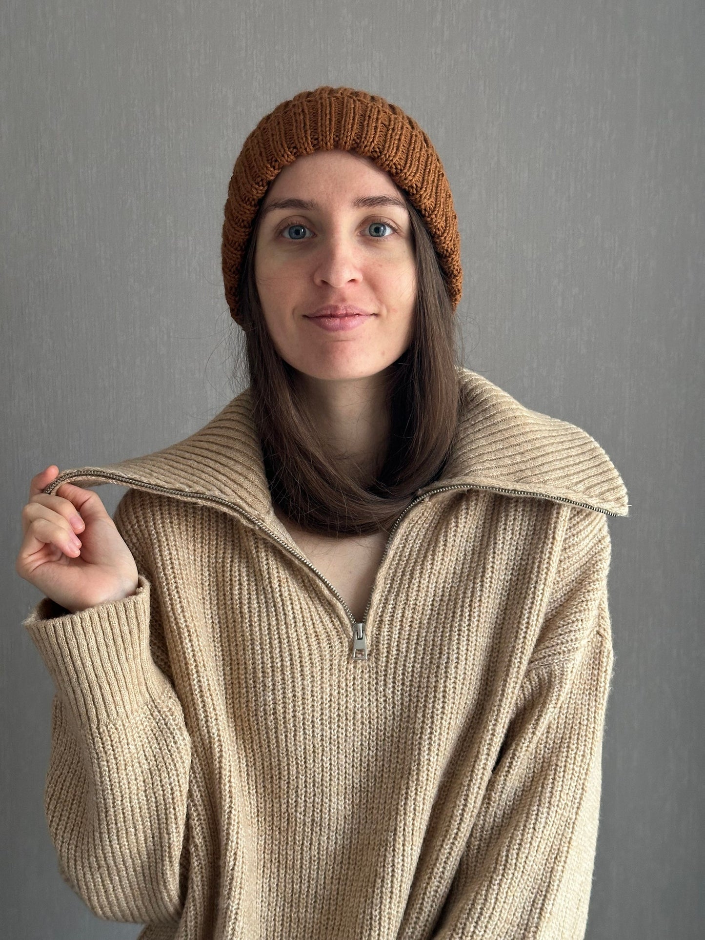 Classic Brown Wool Beanie Hat with Lapel, Cozy Hand-Knit Winter Cap