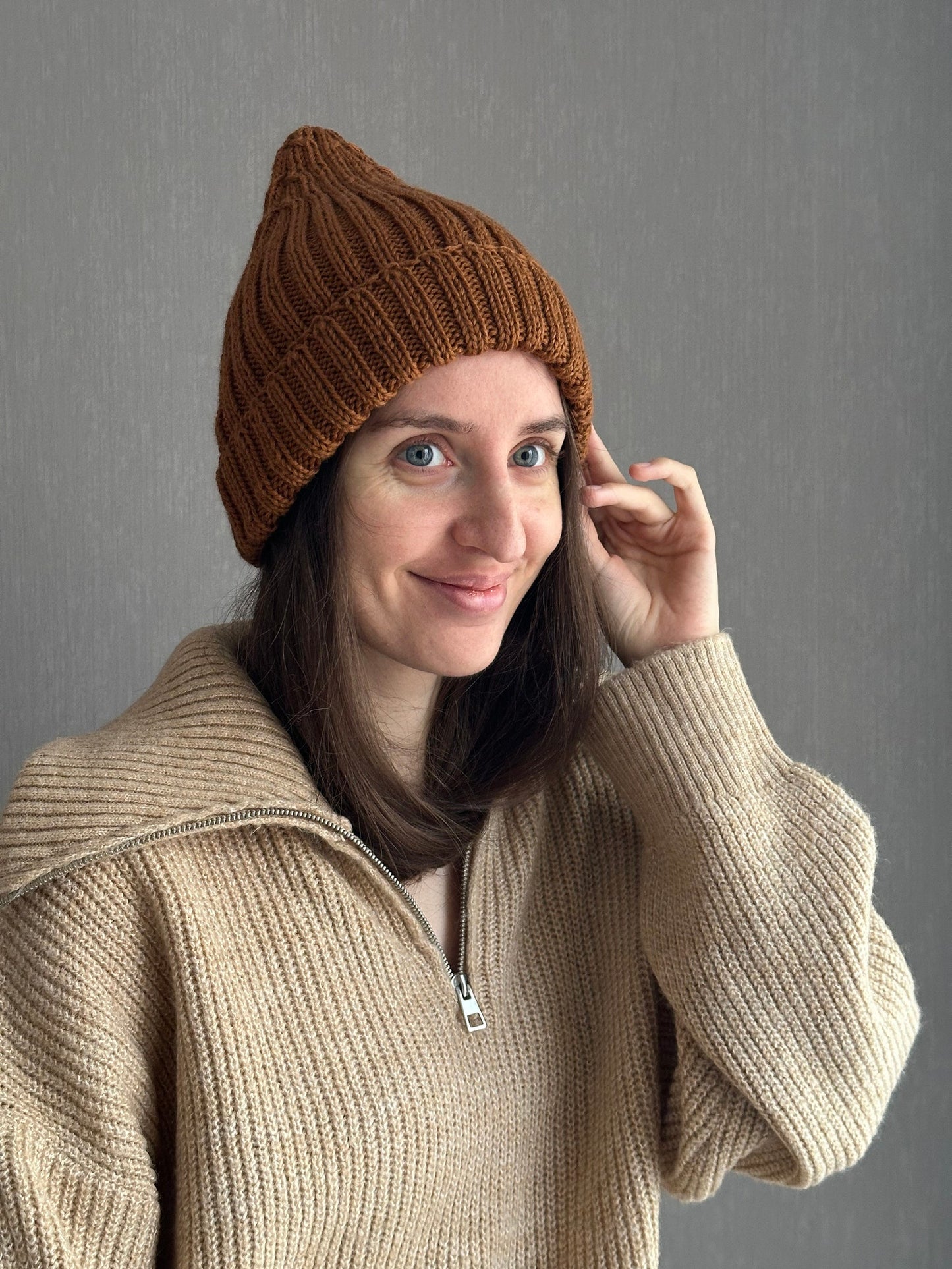 Classic Brown Wool Beanie Hat with Lapel, Cozy Hand-Knit Winter Cap