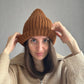 Classic Brown Wool Beanie Hat with Lapel, Cozy Hand-Knit Winter Cap