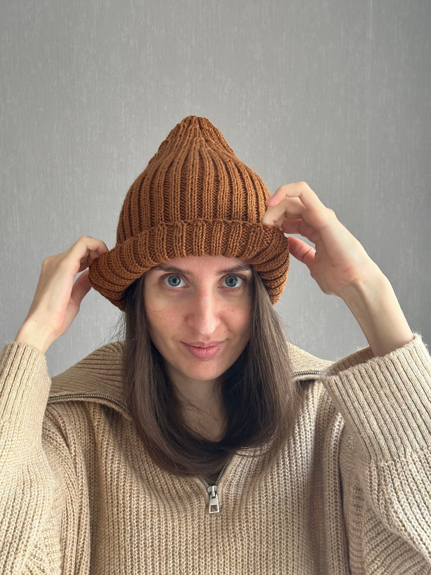 Classic Brown Wool Beanie Hat with Lapel, Cozy Hand-Knit Winter Cap