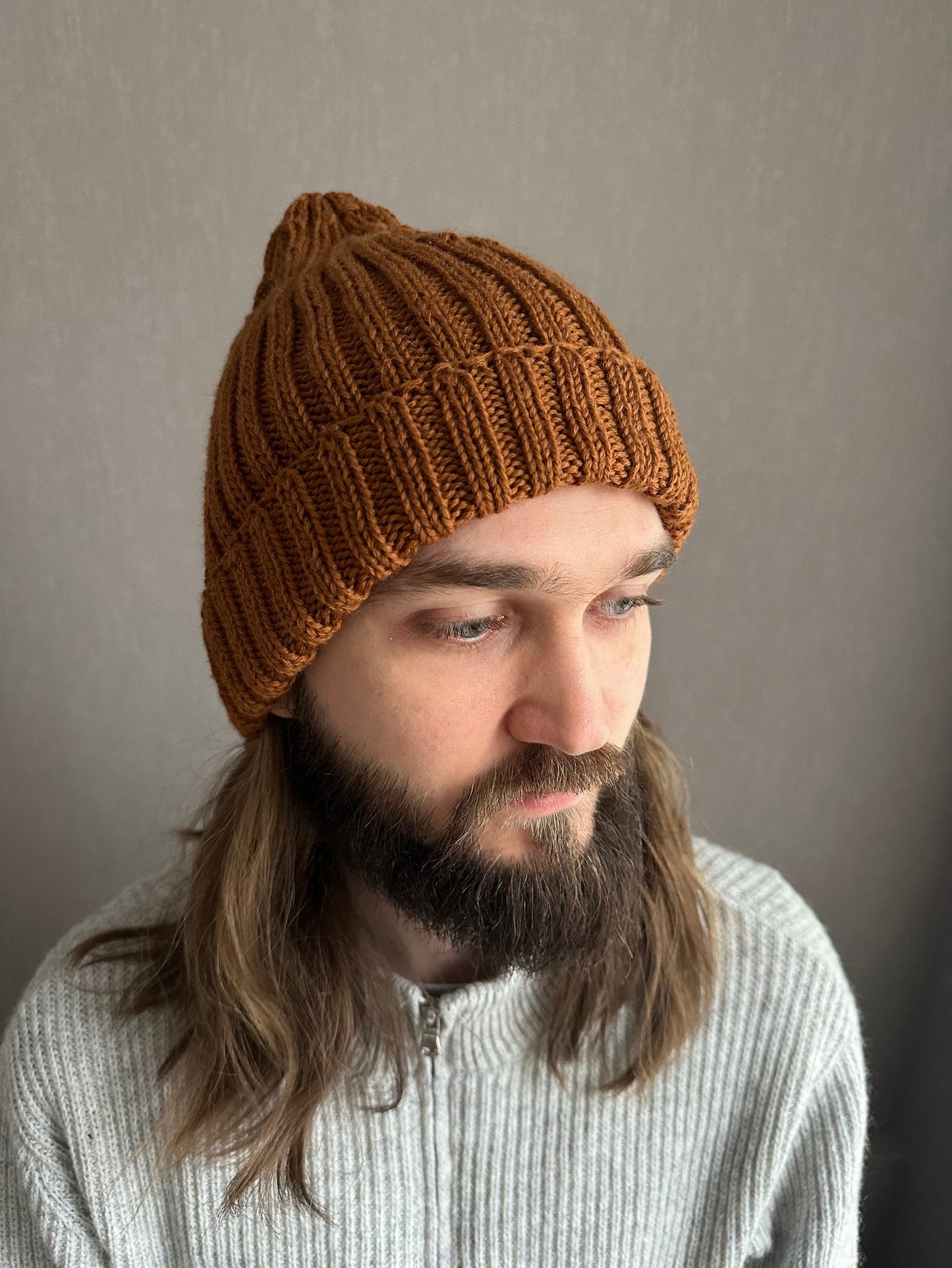 Classic Brown Wool Beanie Hat with Lapel, Cozy Hand-Knit Winter Cap