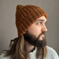 Classic Brown Wool Beanie Hat with Lapel, Cozy Hand-Knit Winter Cap