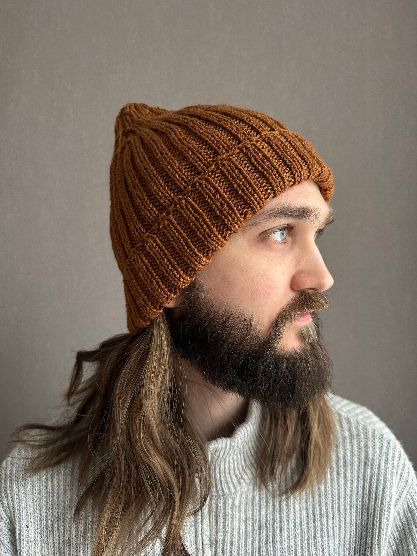 Classic Brown Wool Beanie Hat with Lapel, Cozy Hand-Knit Winter Cap