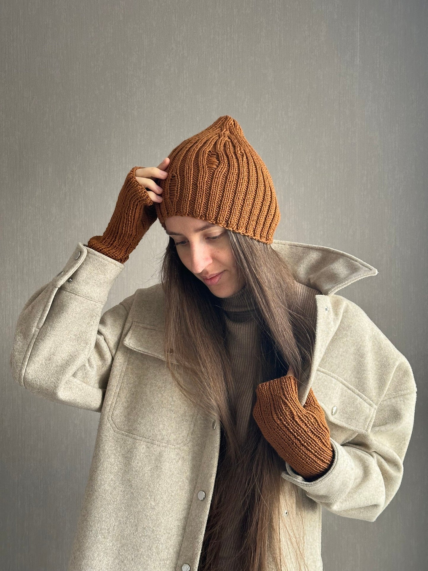 Hip Hop Style Knitted Winter Hat with Distressed Holes, Brown Melon-Shaped Beanie