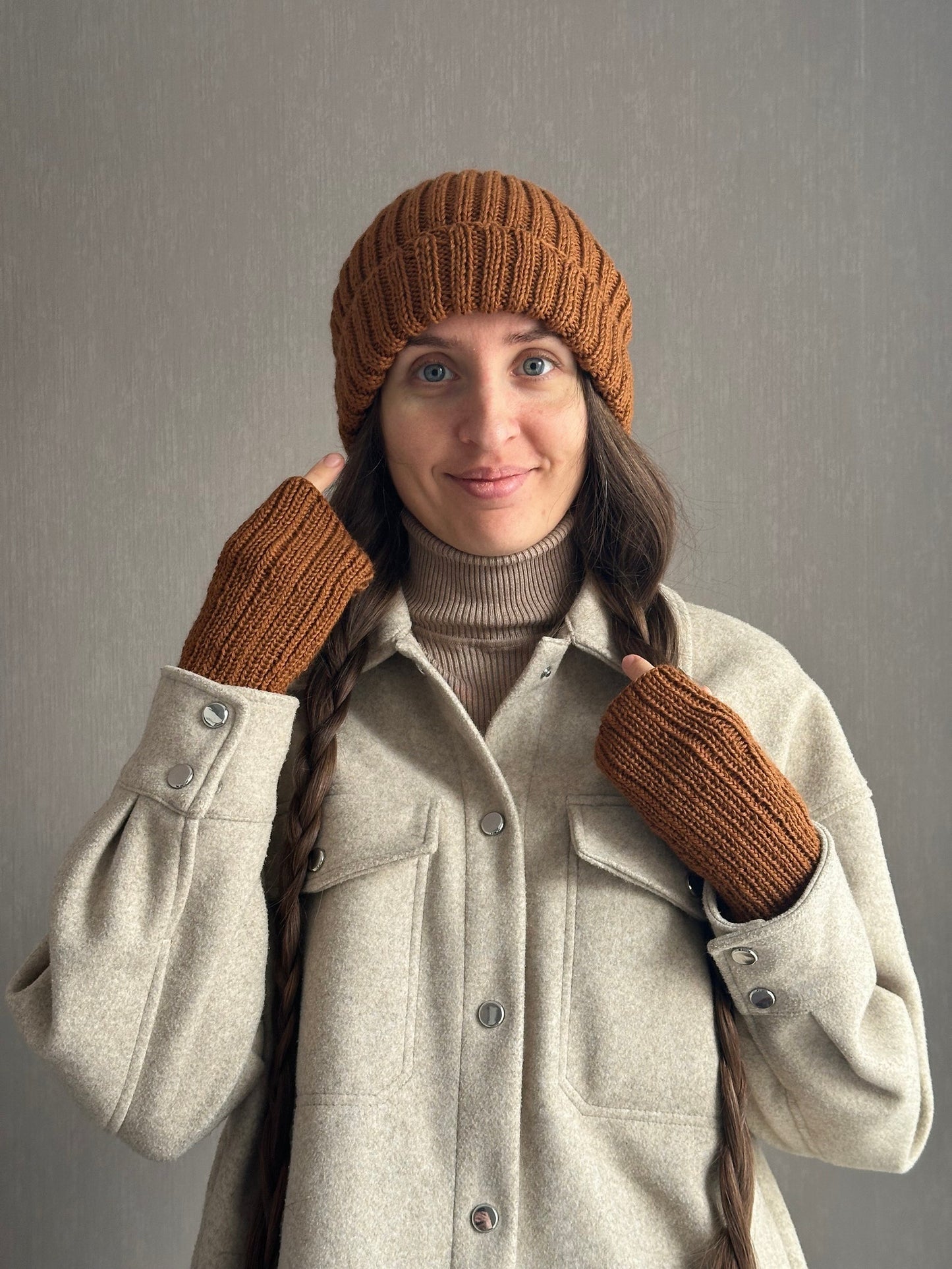 Unisex Brown Knitted Hat, 100% Merino Wool Hat