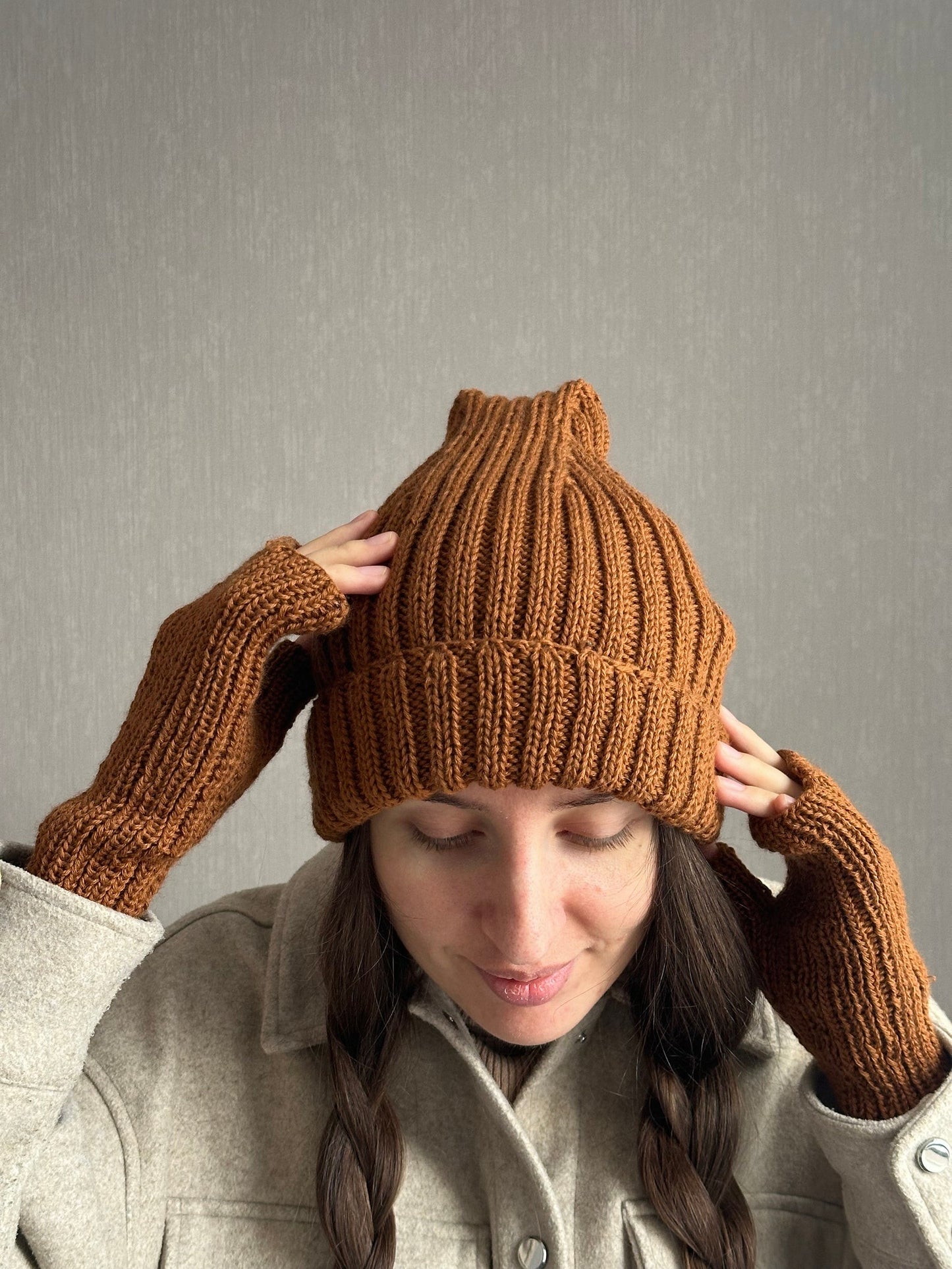 Unisex Brown Knitted Hat, 100% Merino Wool Hat