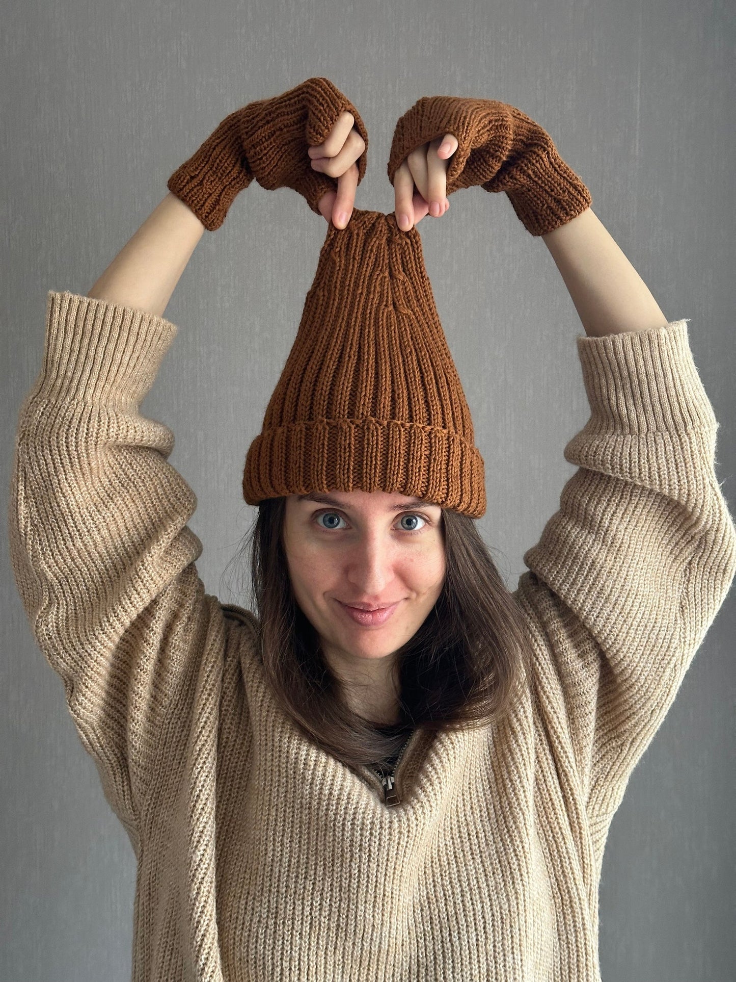 Classic Brown Wool Beanie Hat with Lapel, Cozy Hand-Knit Winter Cap