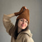 Classic Brown Wool Beanie Hat with Lapel, Cozy Hand-Knit Winter Cap