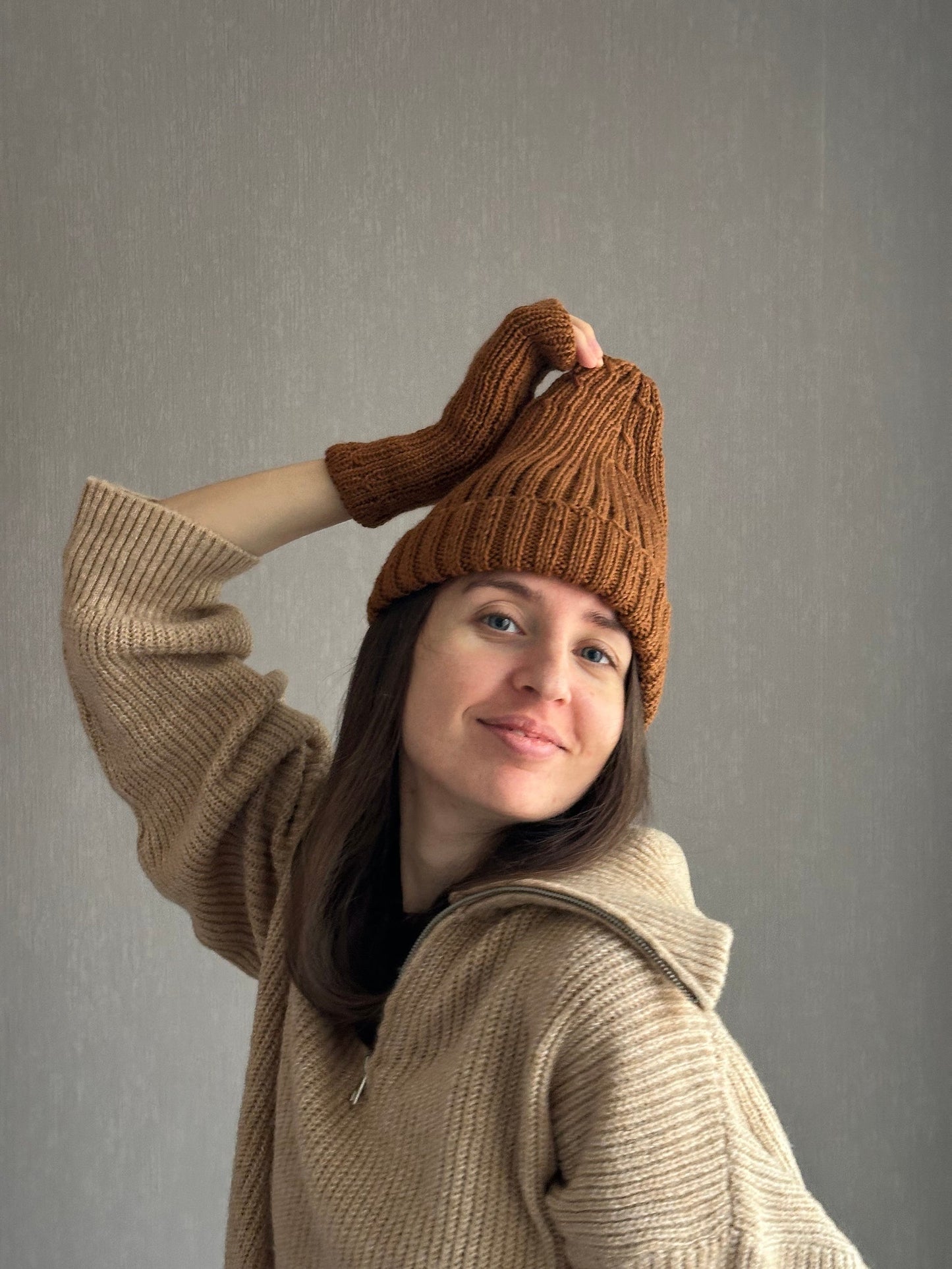 Classic Brown Wool Beanie Hat with Lapel, Cozy Hand-Knit Winter Cap