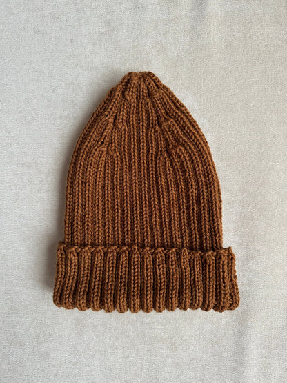 Classic Brown Wool Beanie Hat with Lapel, Cozy Hand-Knit Winter Cap