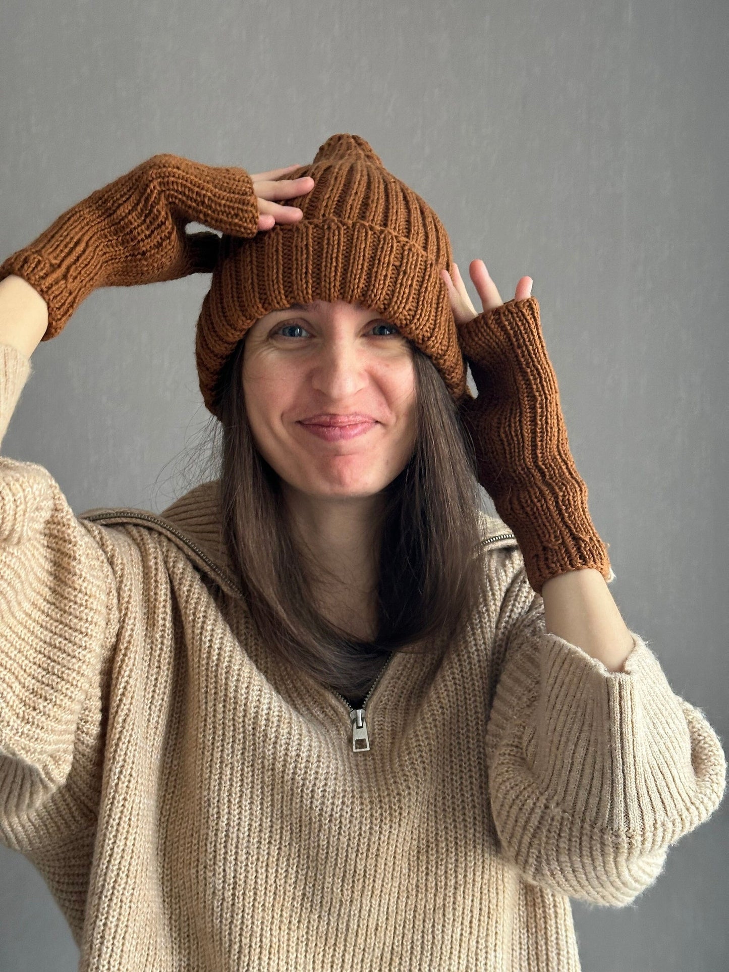 Classic Brown Wool Beanie Hat with Lapel, Cozy Hand-Knit Winter Cap