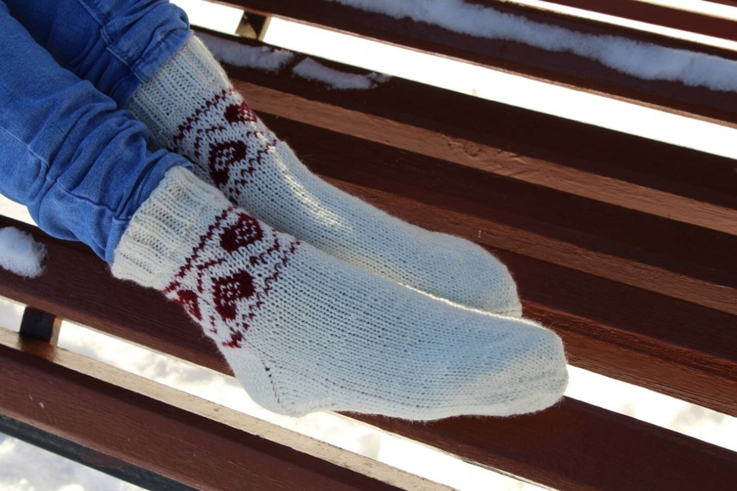 Romantic White Knitted Socks with Red Heart Patterns