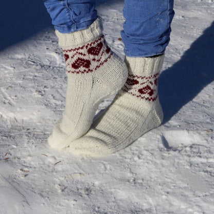 Romantic White Knitted Socks with Red Heart Patterns