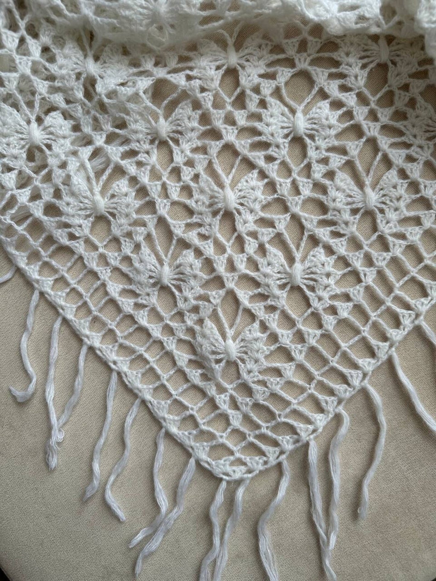 White Crochet Fringe Triangle Shawl, Bridal Shoulders Wrap