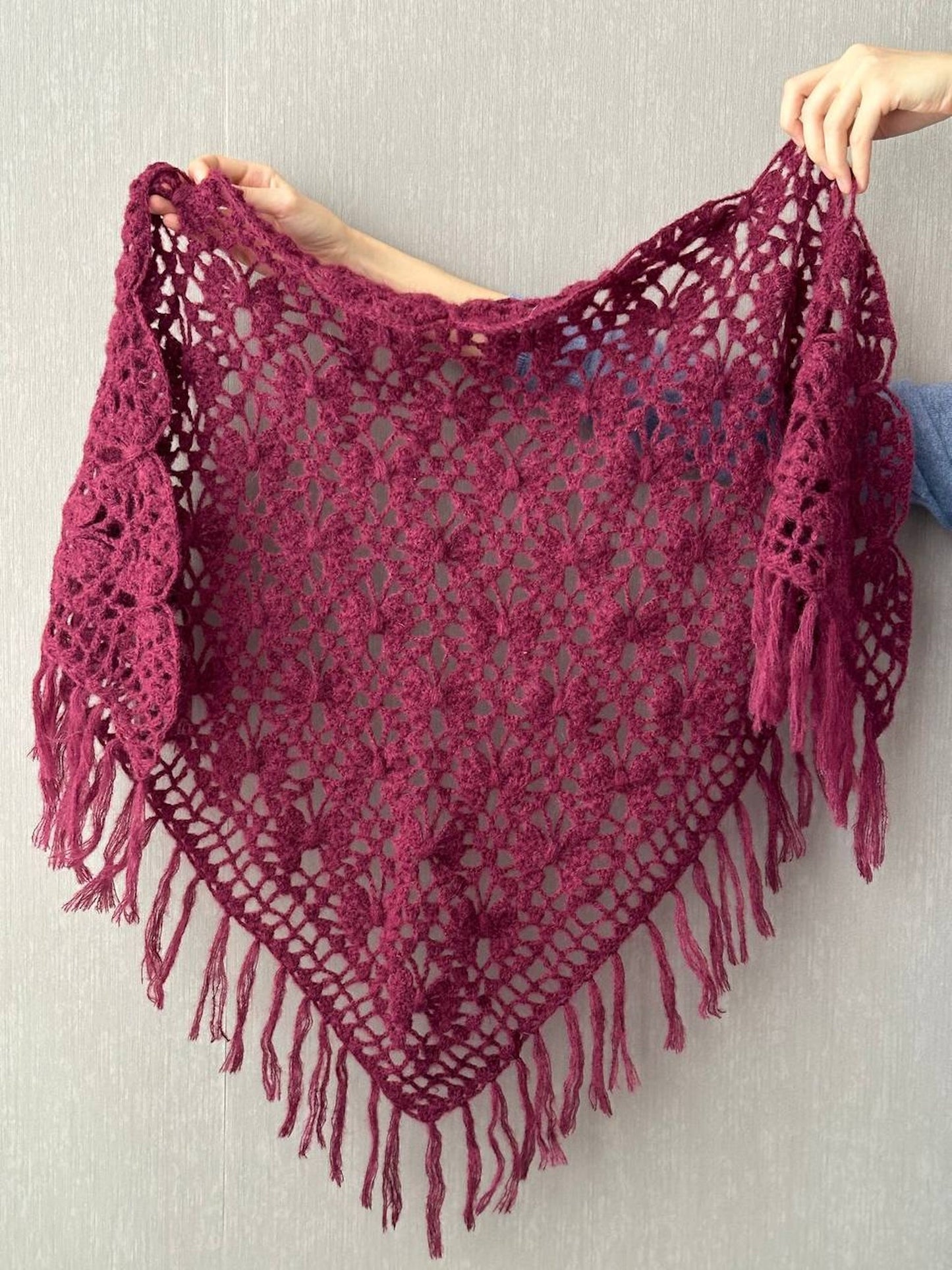 Burgundy Red, Ivory Crochet Fringe Triangle Shawl