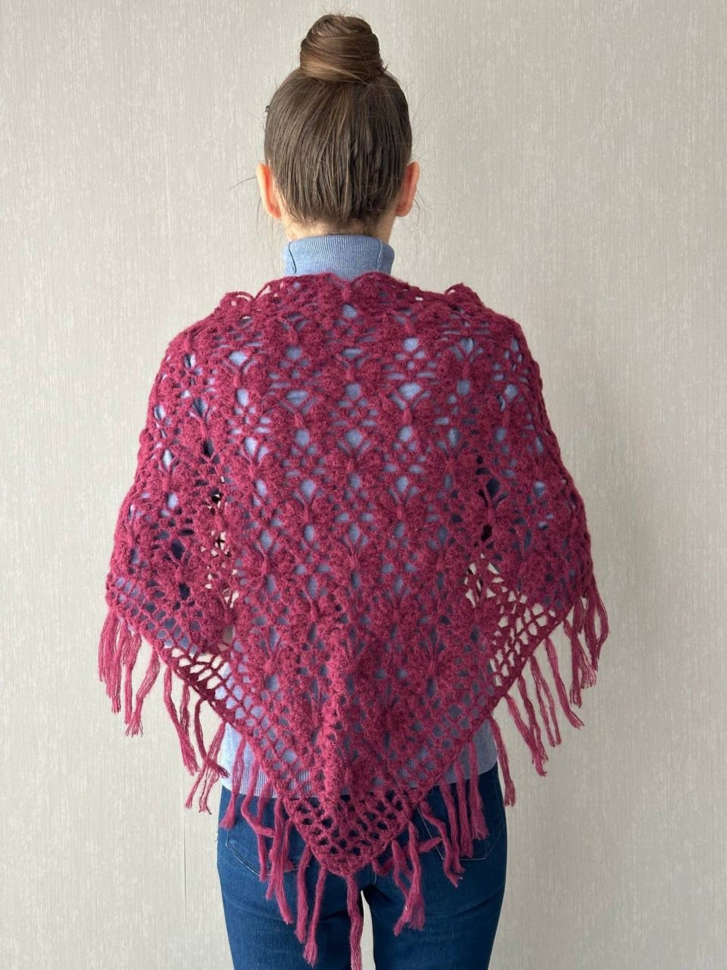 Burgundy Red, Ivory Crochet Fringe Triangle Shawl