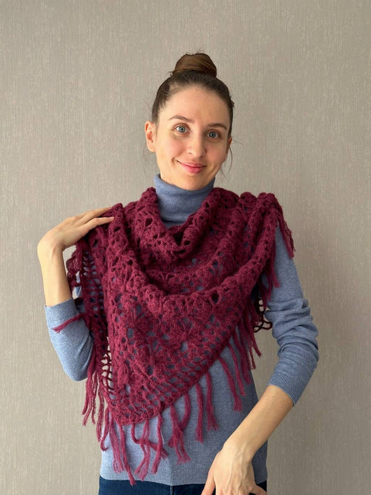 Burgundy Red, Ivory Crochet Fringe Triangle Shawl