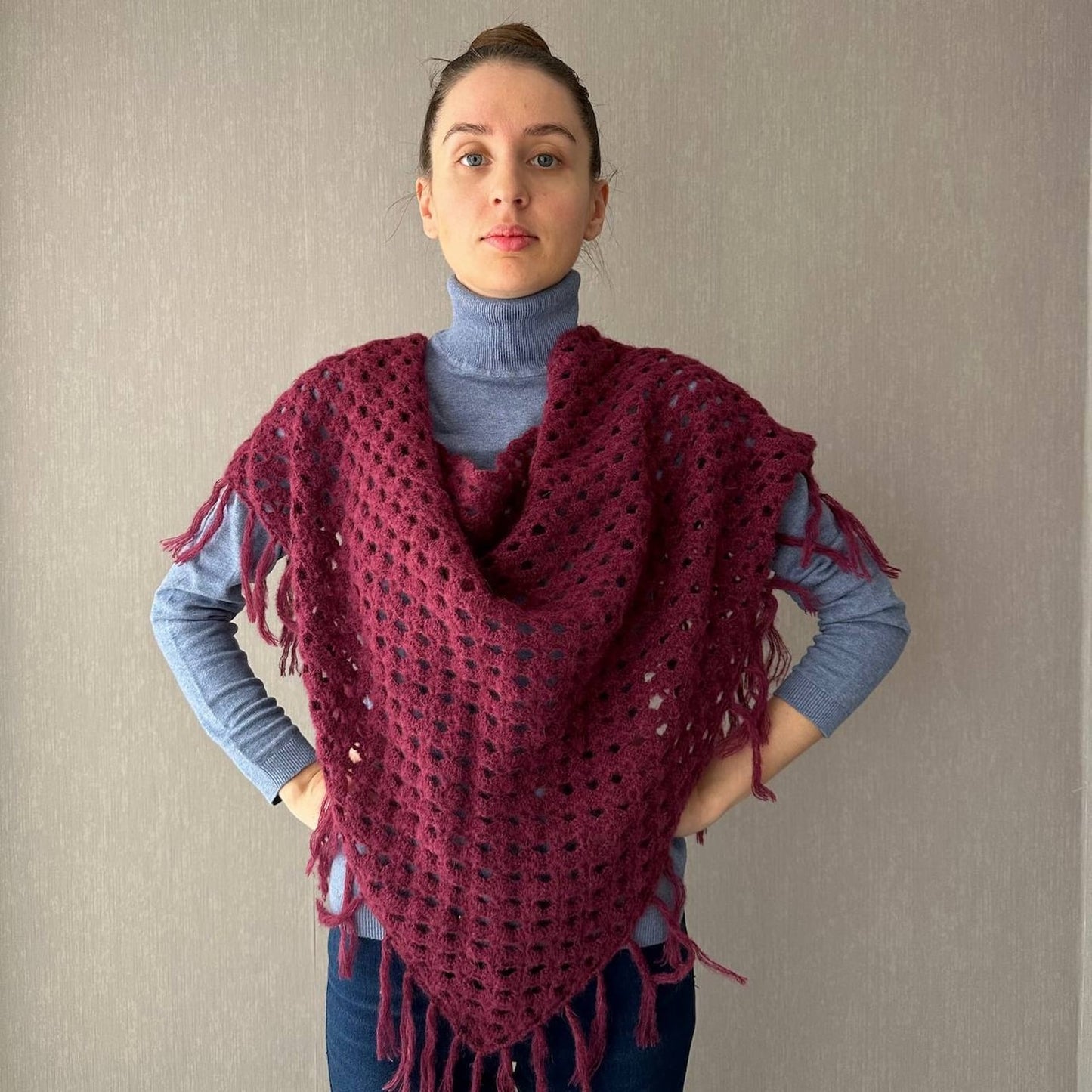 Burgundy Red Crochet Fringe Triangle Shawl