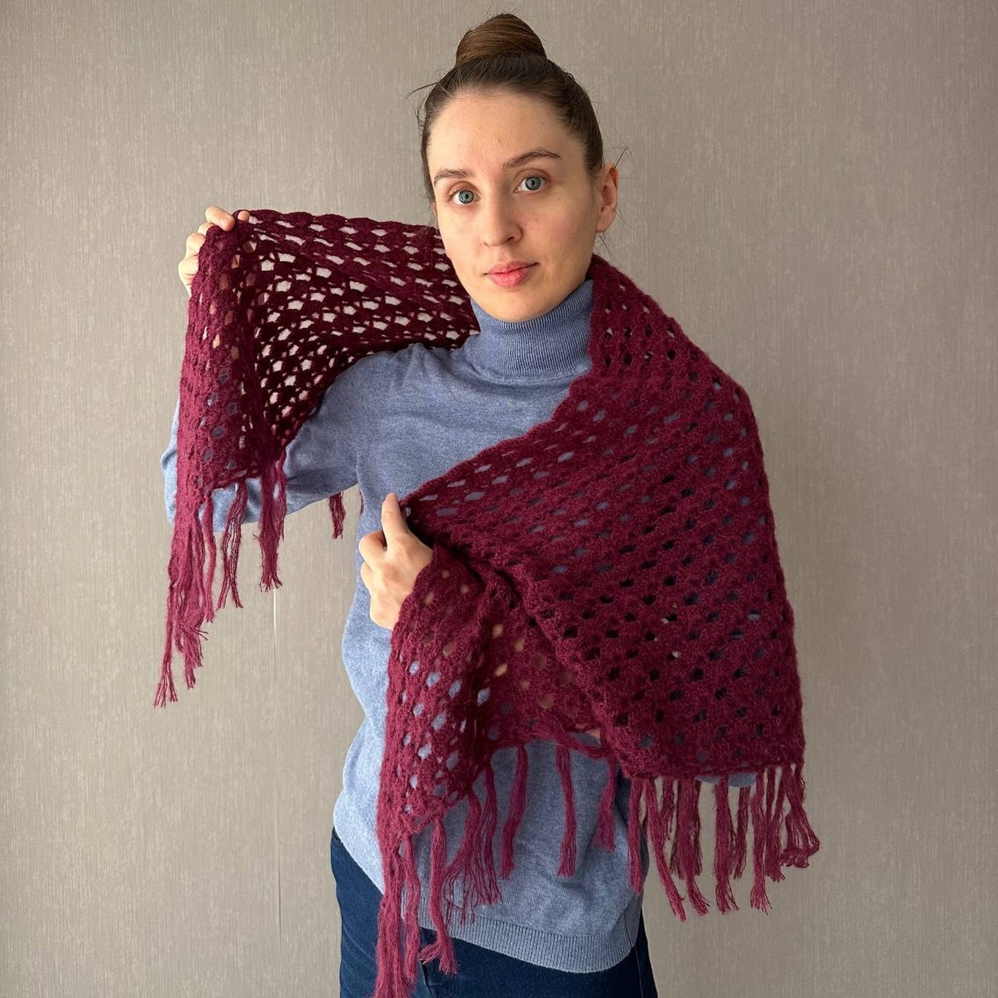 Burgundy Red Crochet Fringe Triangle Shawl