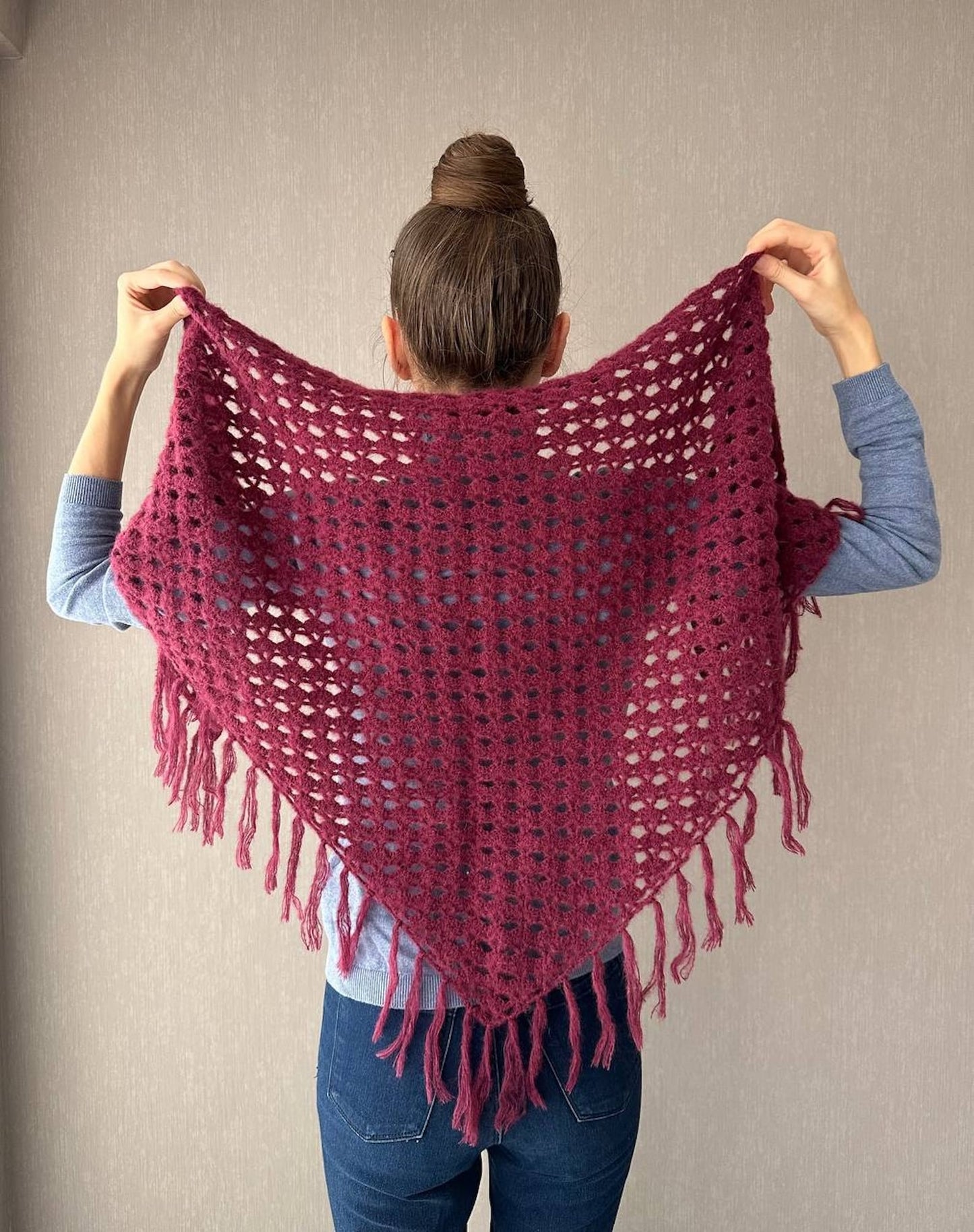 Burgundy Red Crochet Fringe Triangle Shawl