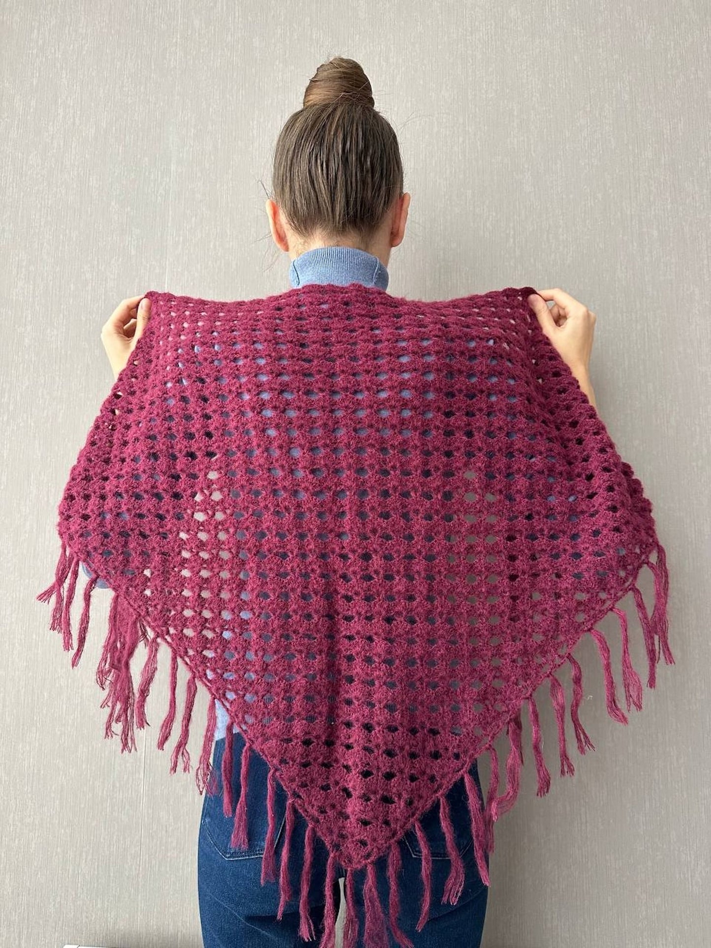 Burgundy Red Crochet Fringe Triangle Shawl