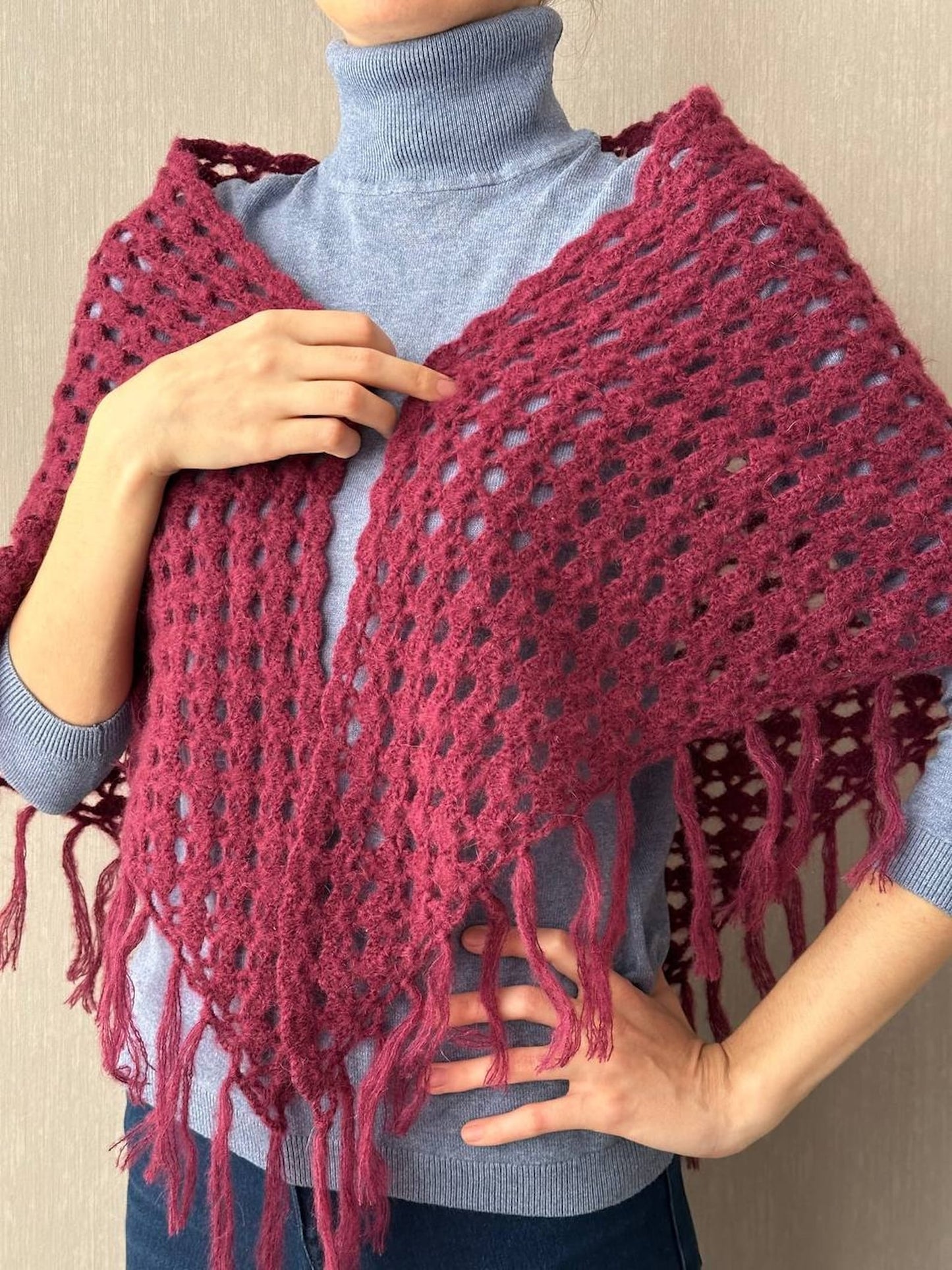 Burgundy Red Crochet Fringe Triangle Shawl