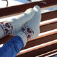 Romantic White Knitted Socks with Red Heart Patterns
