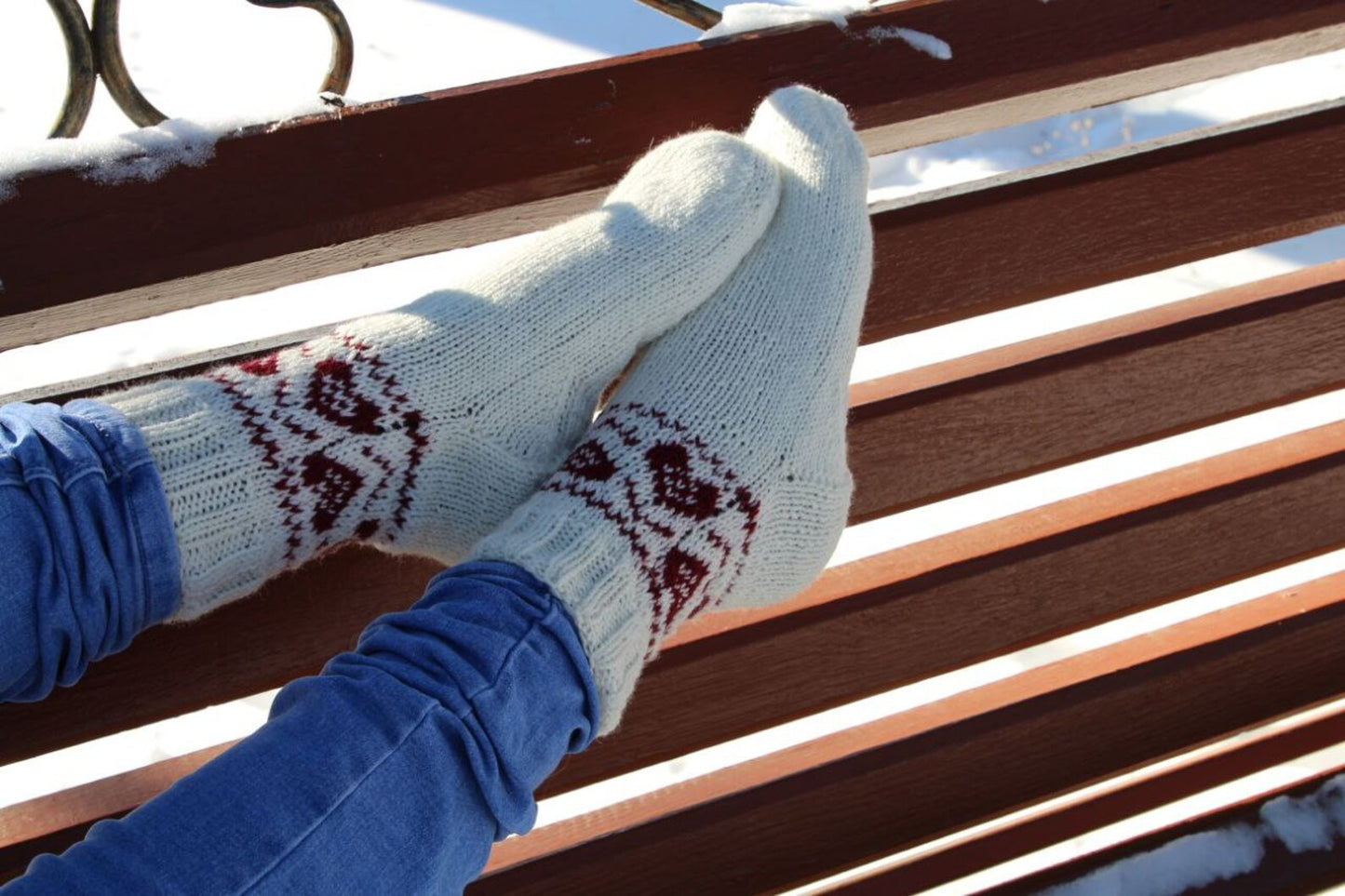 Romantic White Knitted Socks with Red Heart Patterns