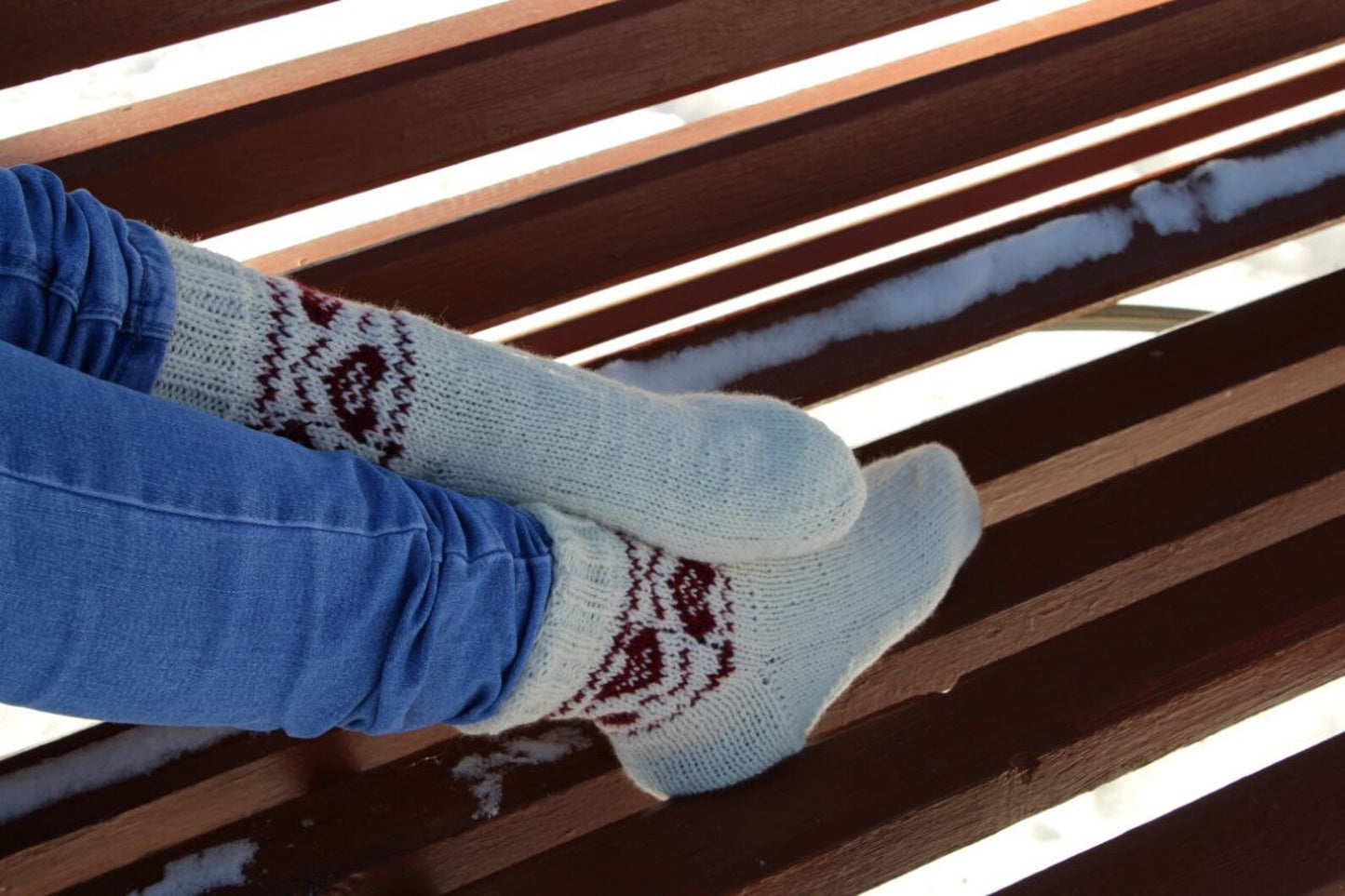 Romantic White Knitted Socks with Red Heart Patterns