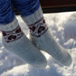 Romantic White Knitted Socks with Red Heart Patterns
