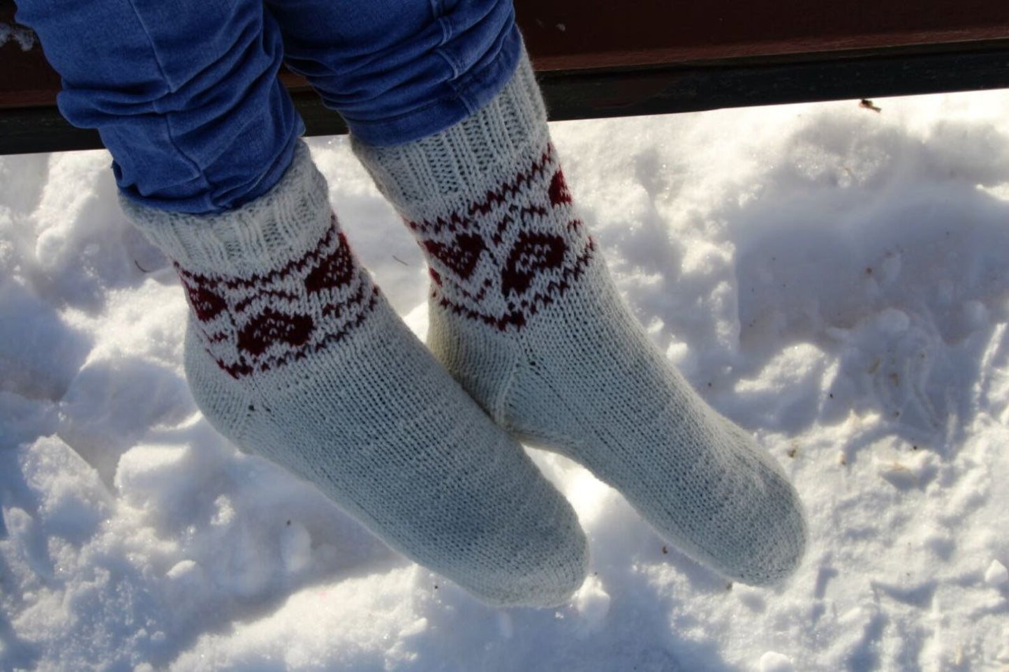 Romantic White Knitted Socks with Red Heart Patterns