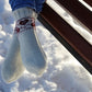 Romantic White Knitted Socks with Red Heart Patterns