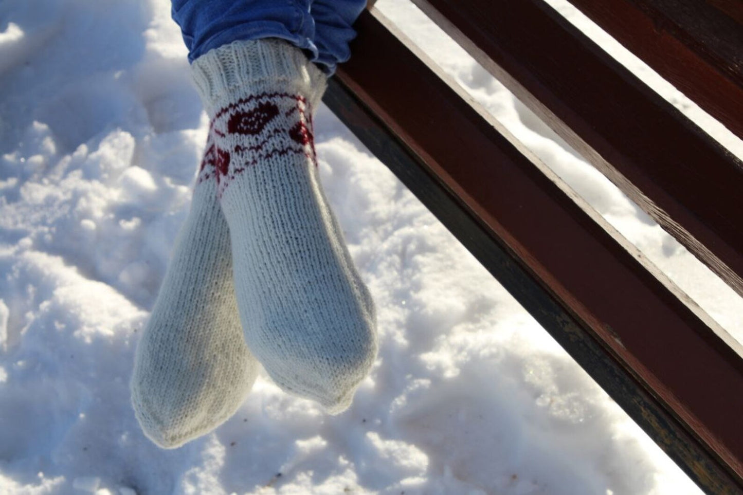 Romantic White Knitted Socks with Red Heart Patterns