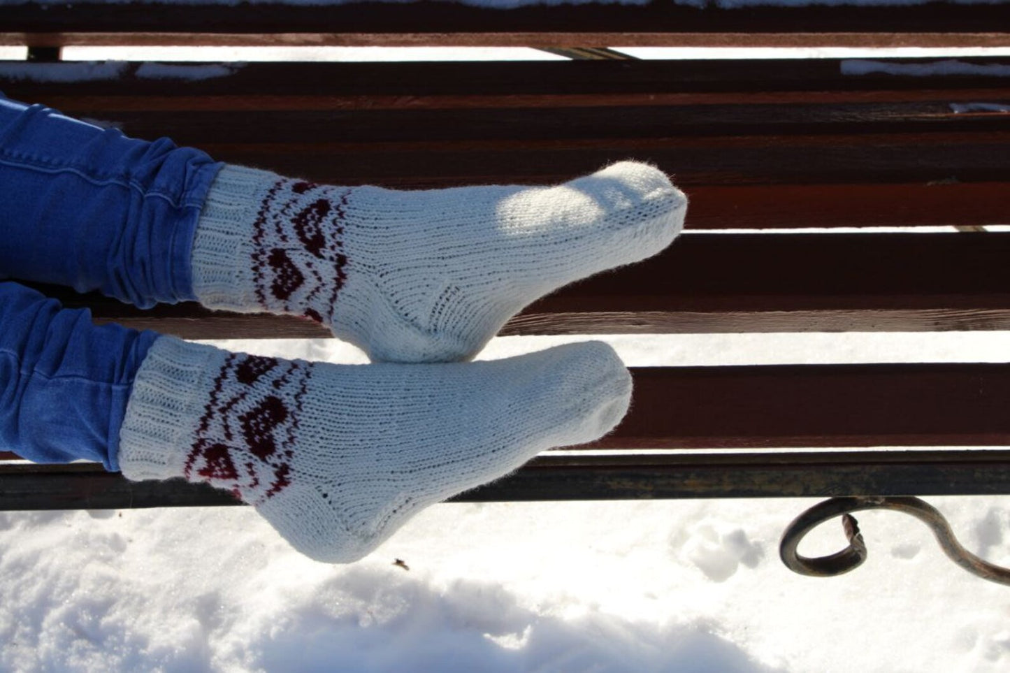 Romantic White Knitted Socks with Red Heart Patterns