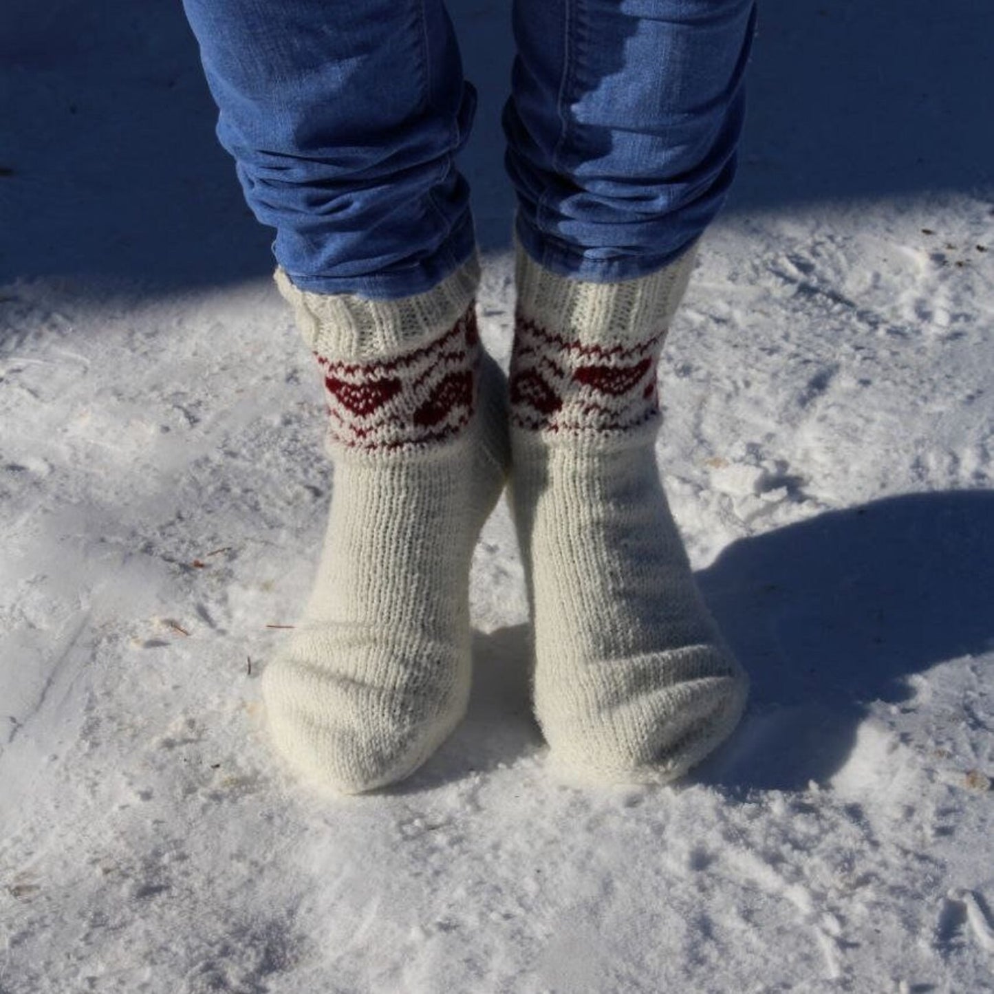 Romantic White Knitted Socks with Red Heart Patterns