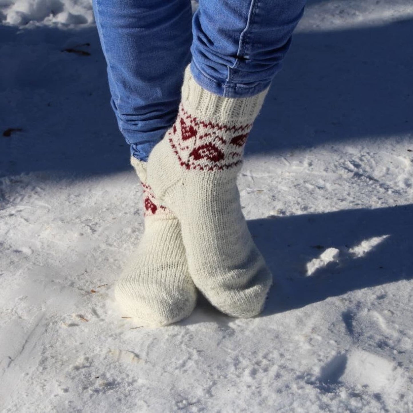 Romantic White Knitted Socks with Red Heart Patterns