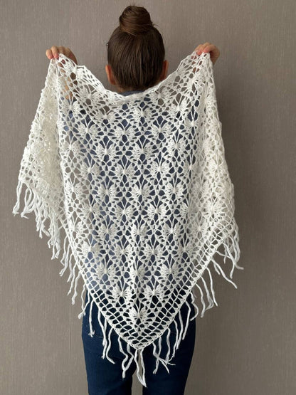 White Crochet Fringe Triangle Shawl, Bridal Shoulders Wrap
