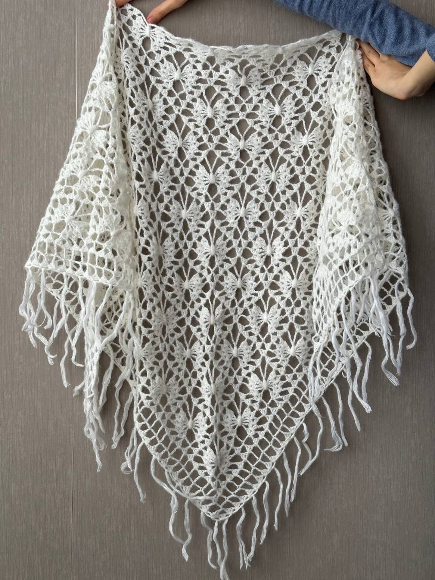 White Crochet Fringe Triangle Shawl, Bridal Shoulders Wrap