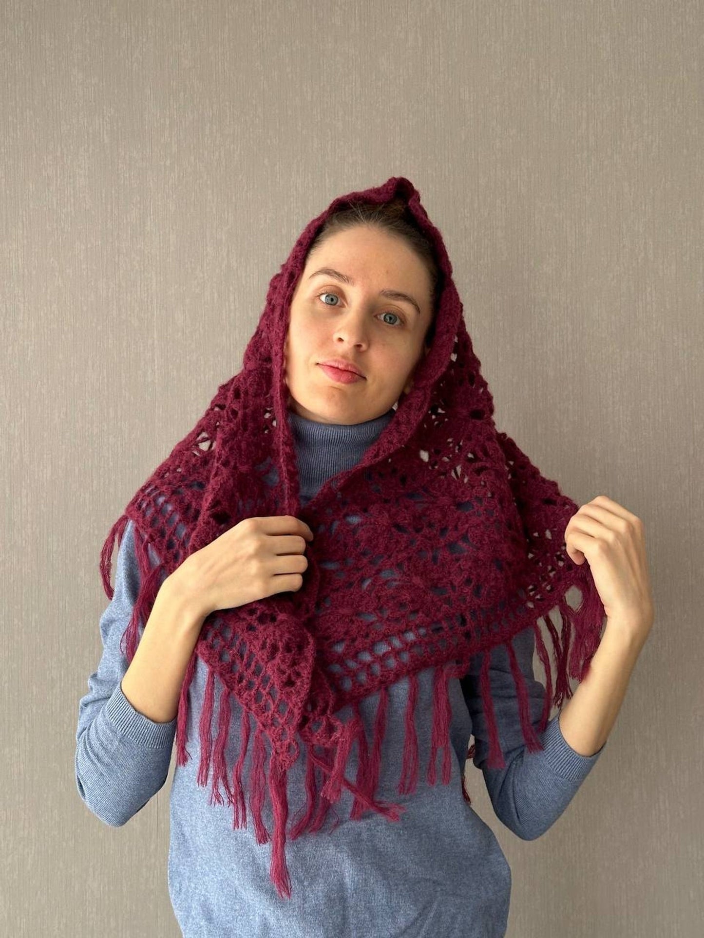 Burgundy Red, Ivory Crochet Fringe Triangle Shawl