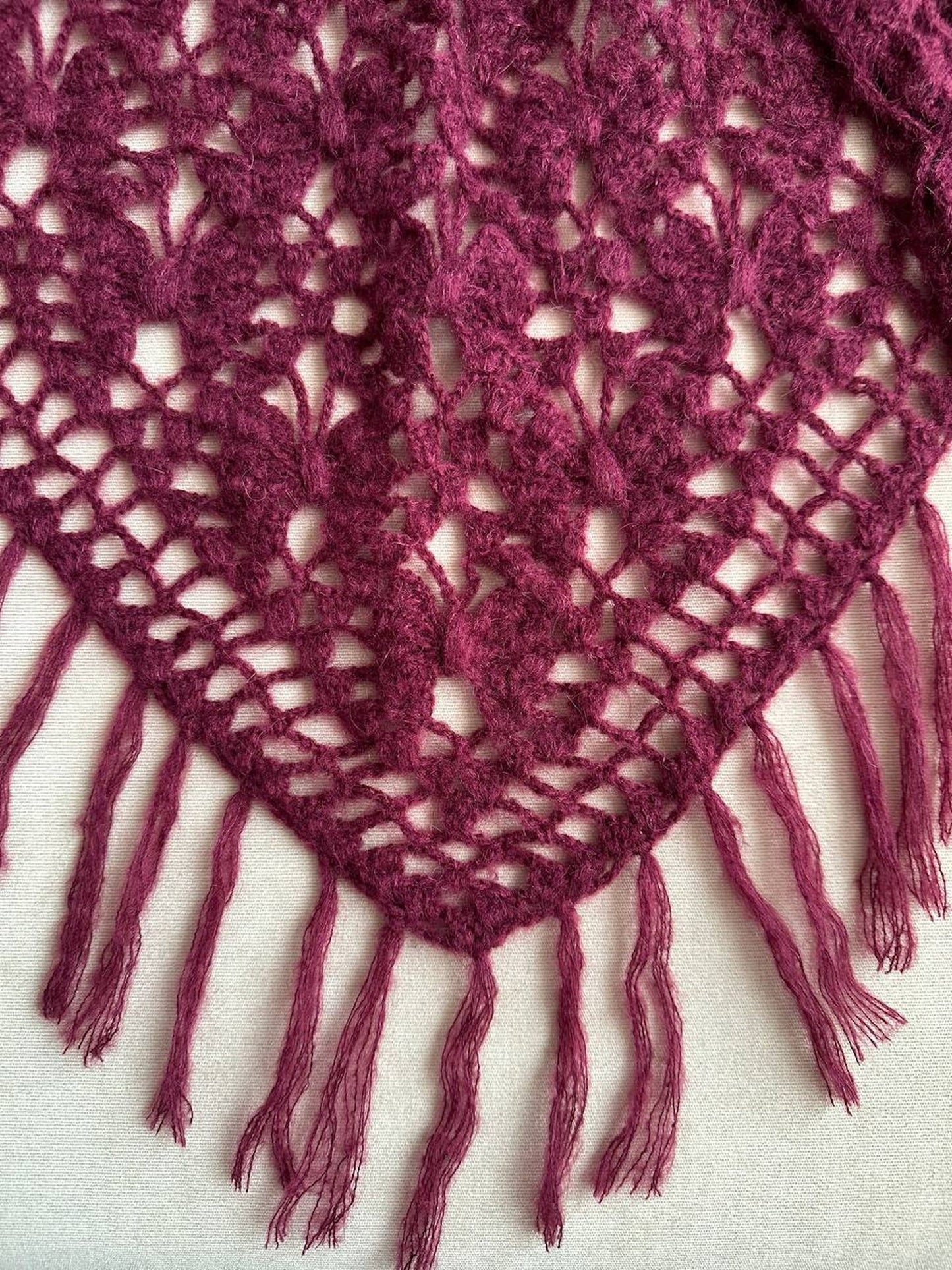 Burgundy Red, Ivory Crochet Fringe Triangle Shawl