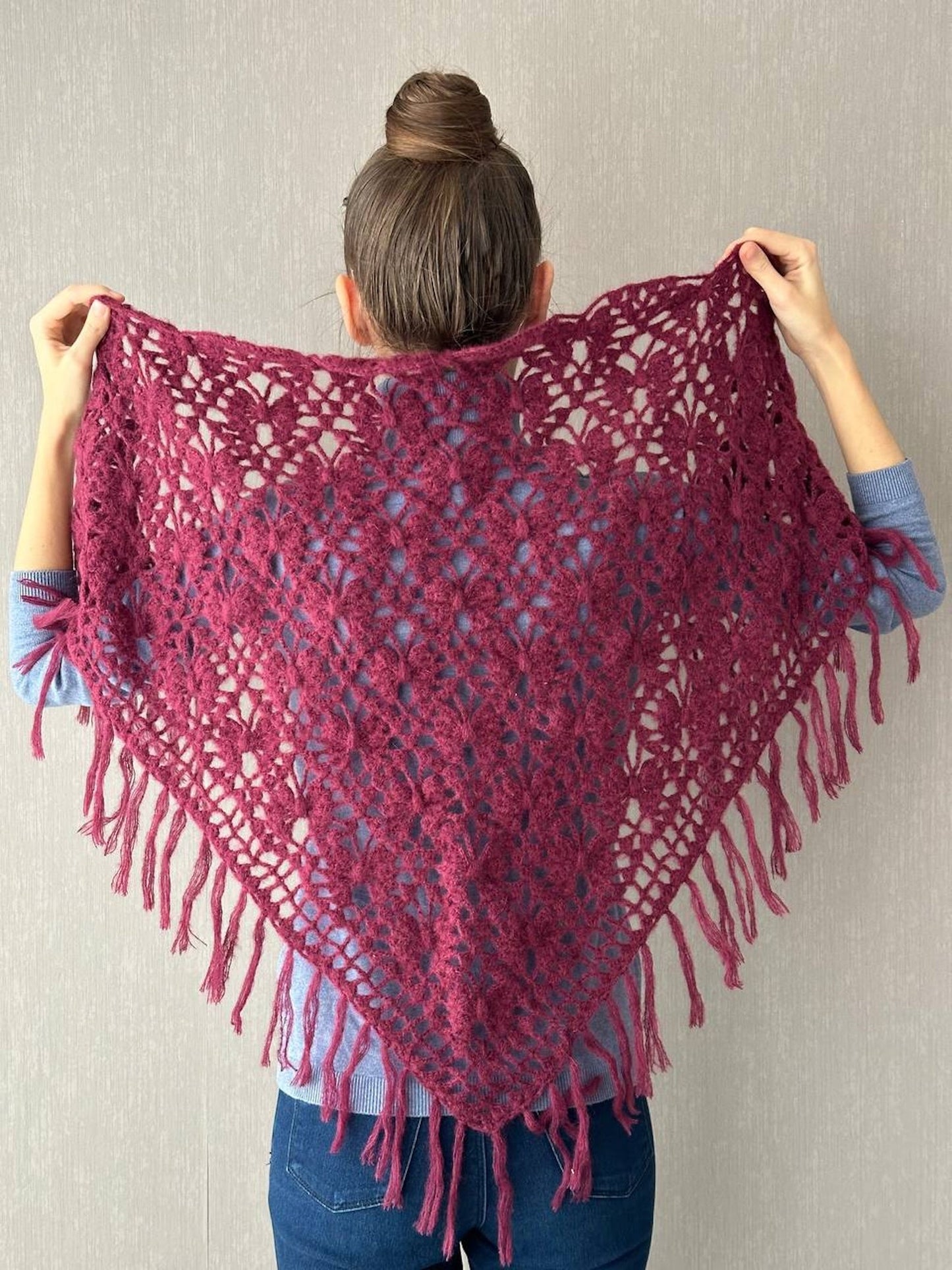 Burgundy Red, Ivory Crochet Fringe Triangle Shawl