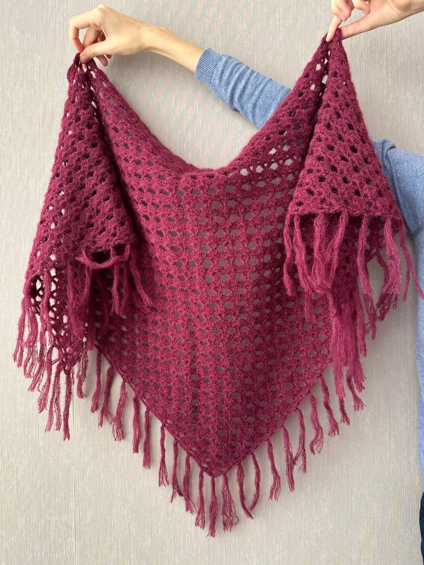 Burgundy Red Crochet Fringe Triangle Shawl