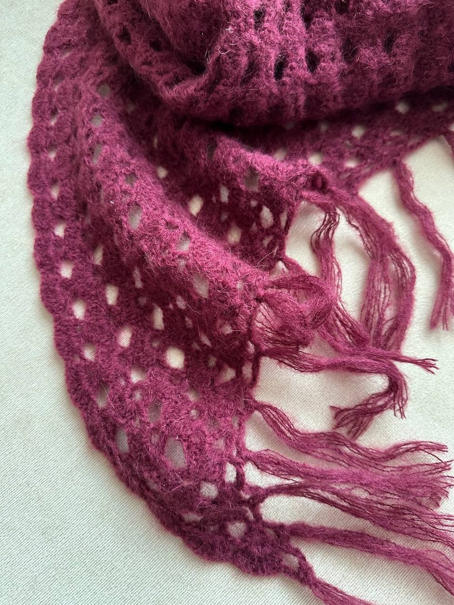 Burgundy Red Crochet Fringe Triangle Shawl