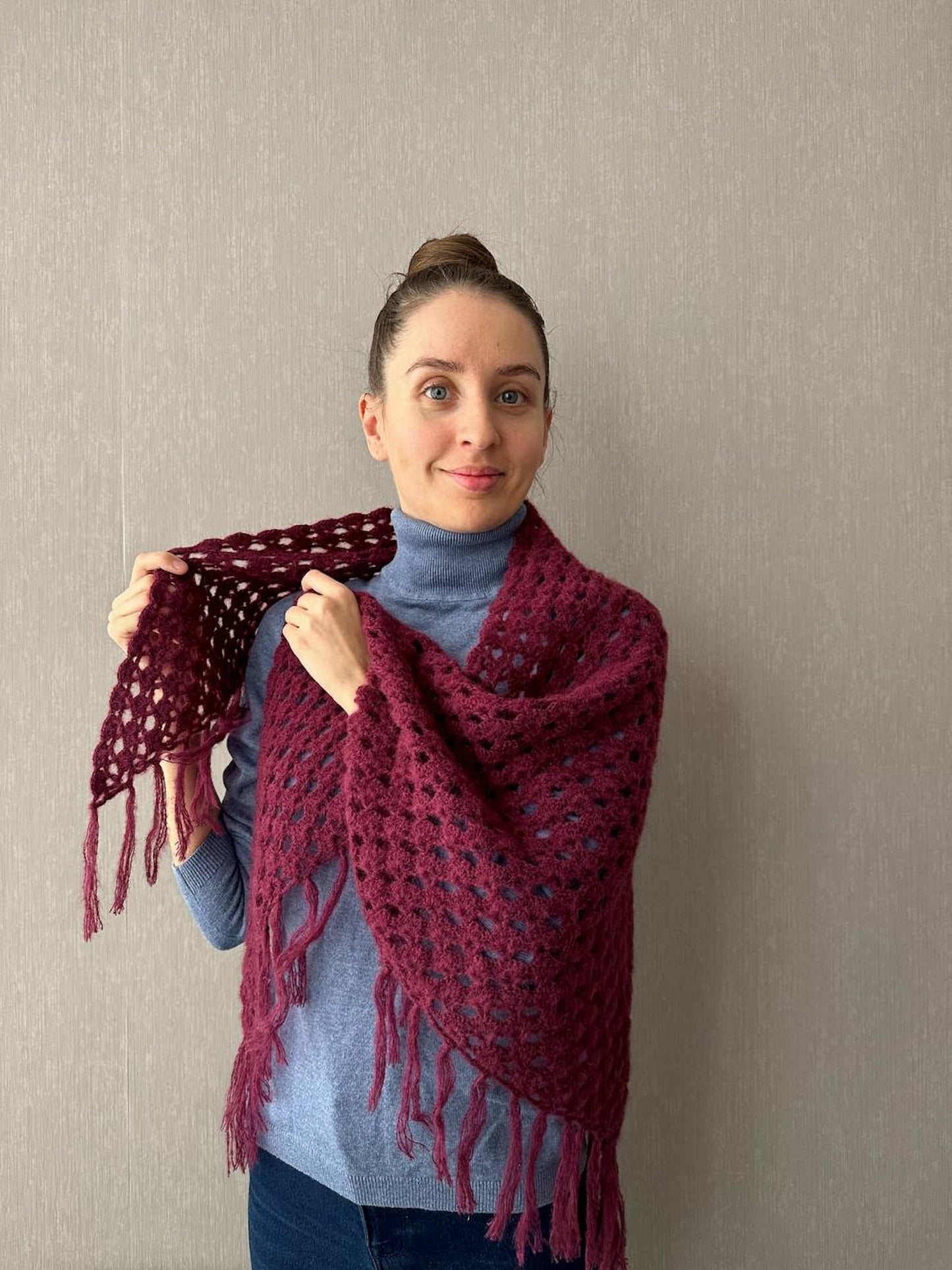 Burgundy Red Crochet Fringe Triangle Shawl