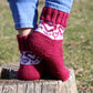 Burgundy Casual Socks with White Heart Pattern, Wool-Blend Socks