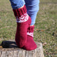 Burgundy Casual Socks with White Heart Pattern, Wool-Blend Socks